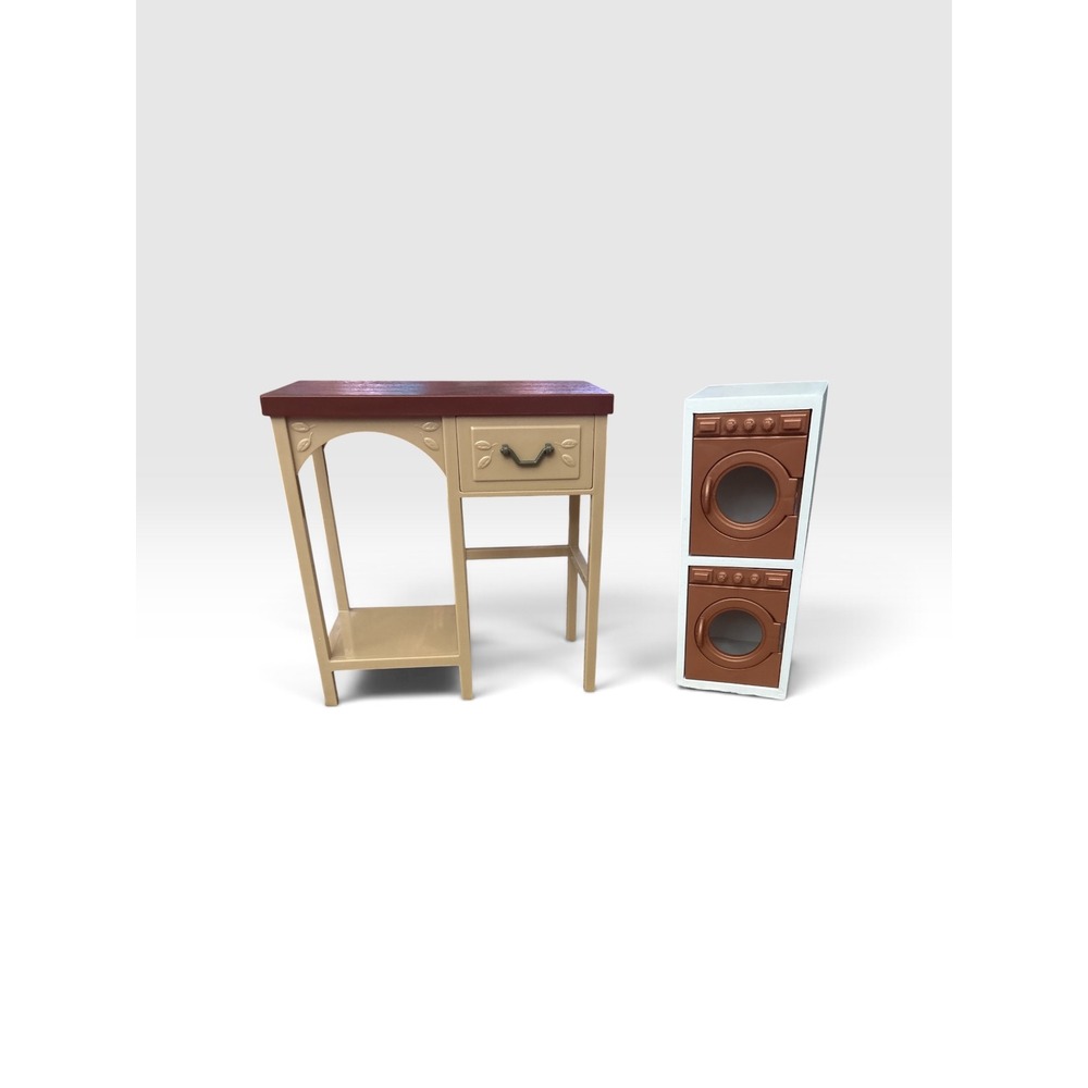 Dollhouse Laundry Furniture Set Tan Vanity Desk & Stacked Washer Dryer Unit